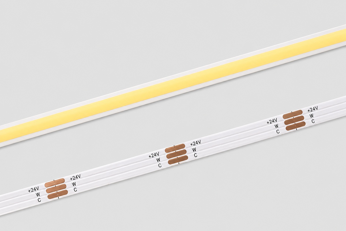 Tunable white COB LED strip on reel with warm white seamless continuous lighting