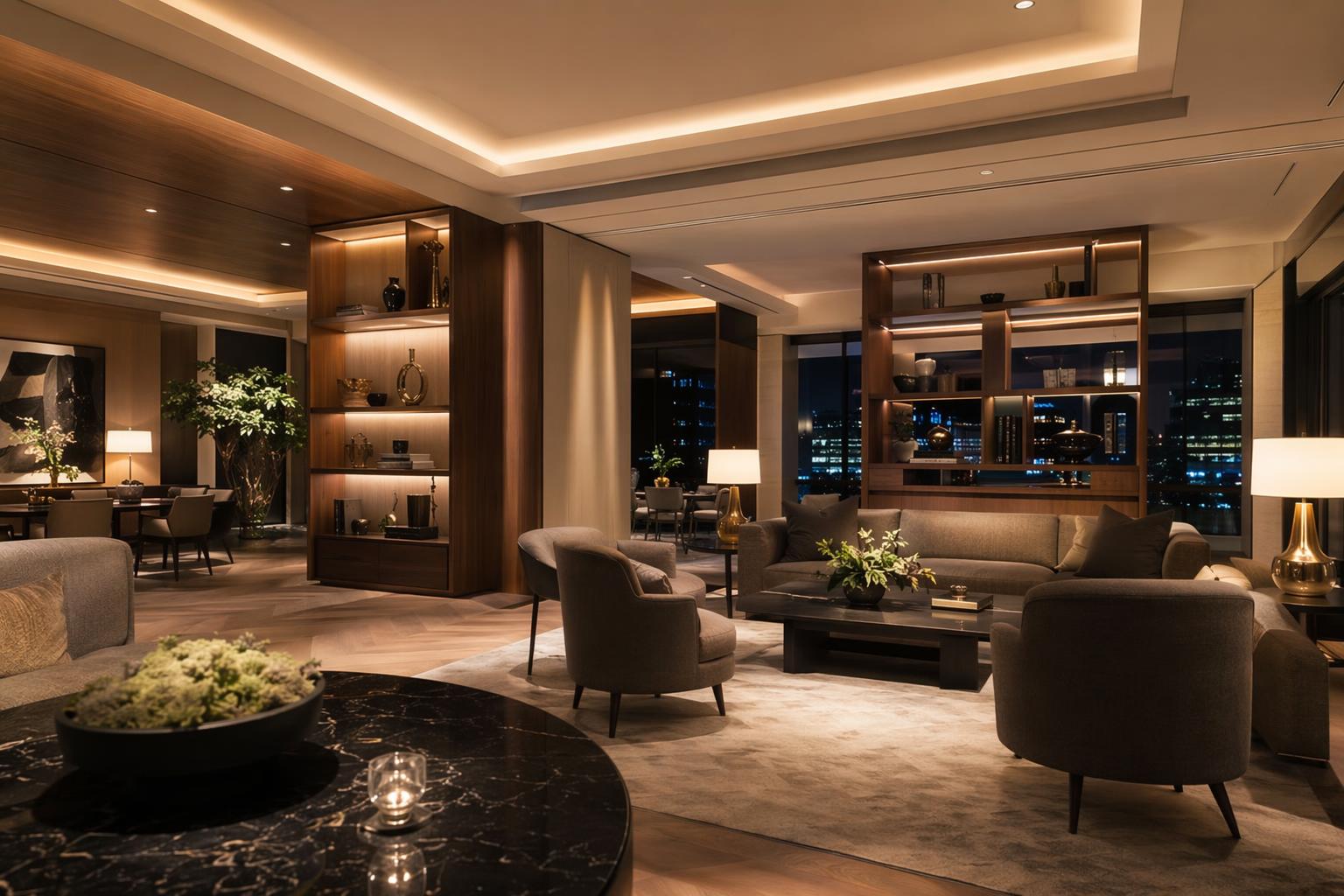 Hospitality or residential interior with warm tunable white LED strip lighting
