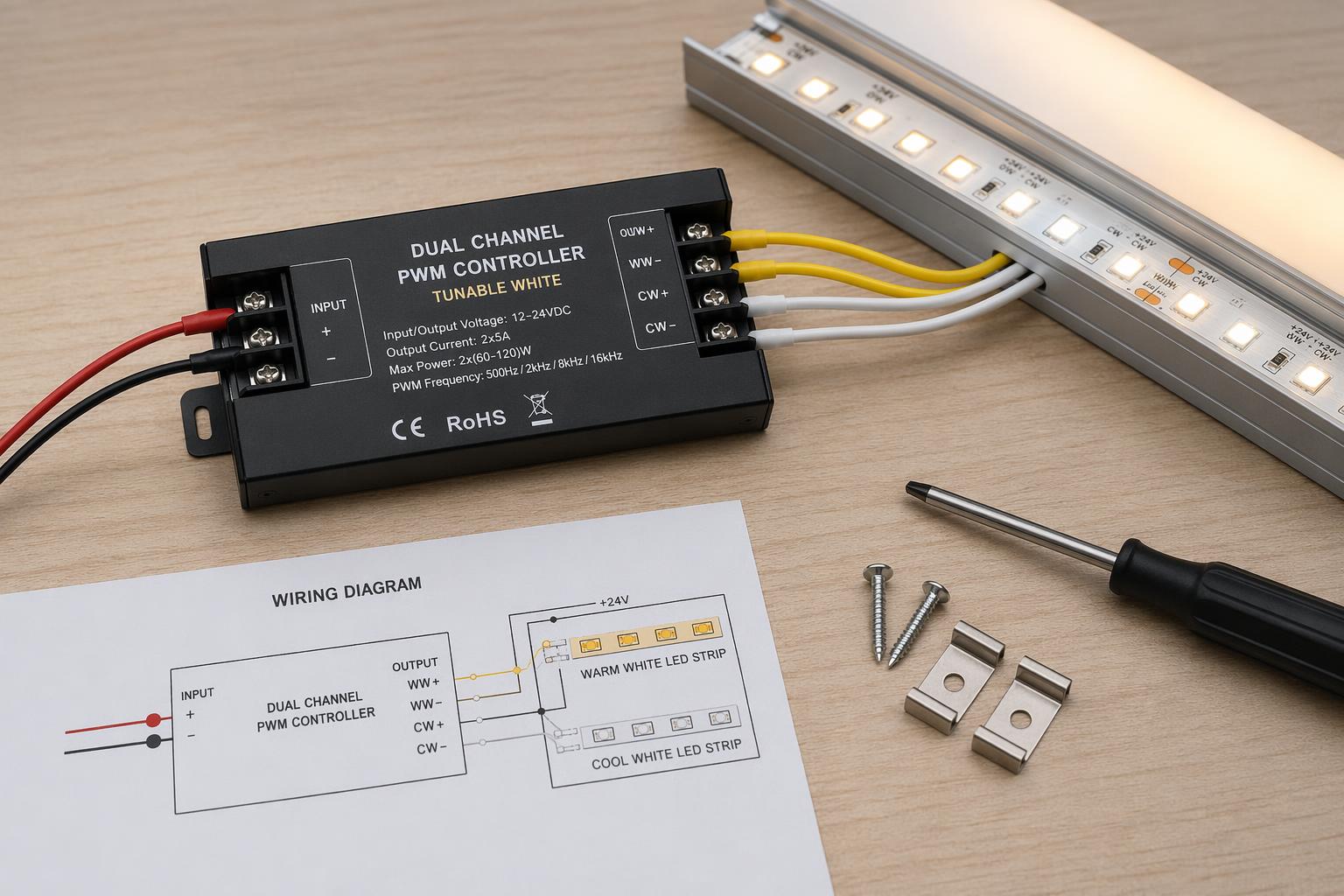 Dual channel PWM controller connected to tunable white LED strip