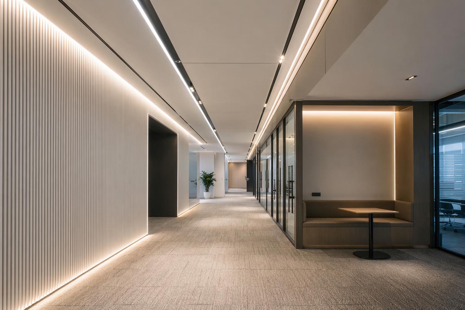 Office corridor with tunable white LED strip lighting integrated into architectural details