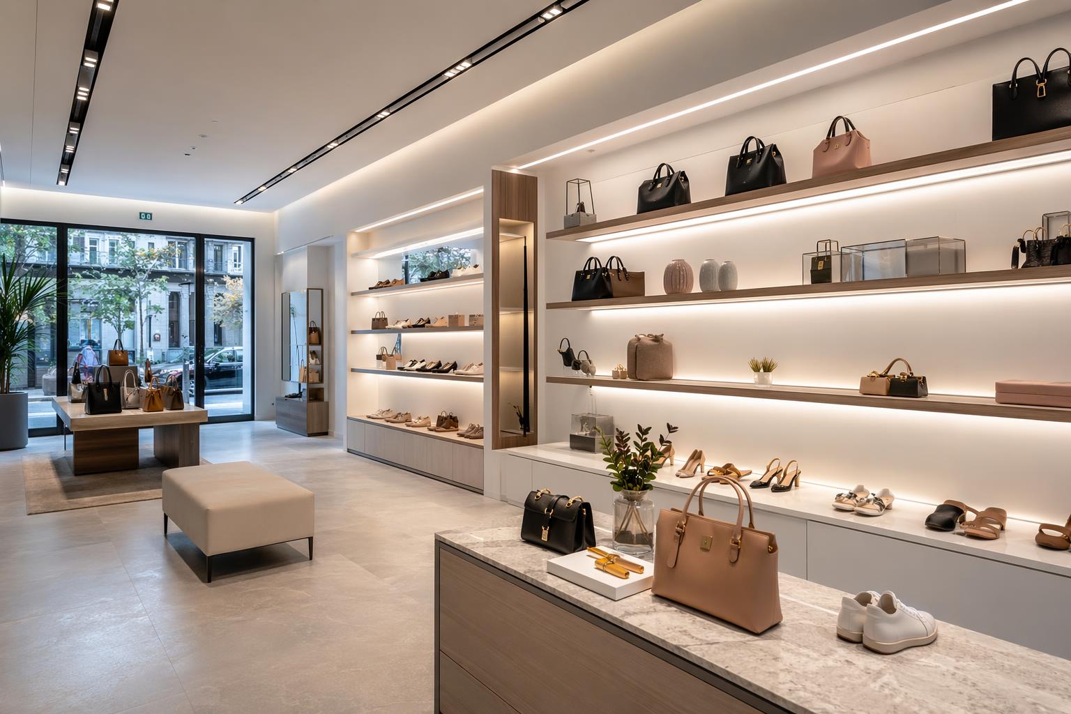 Retail display with tunable white LED strip lighting integrated into shelves
