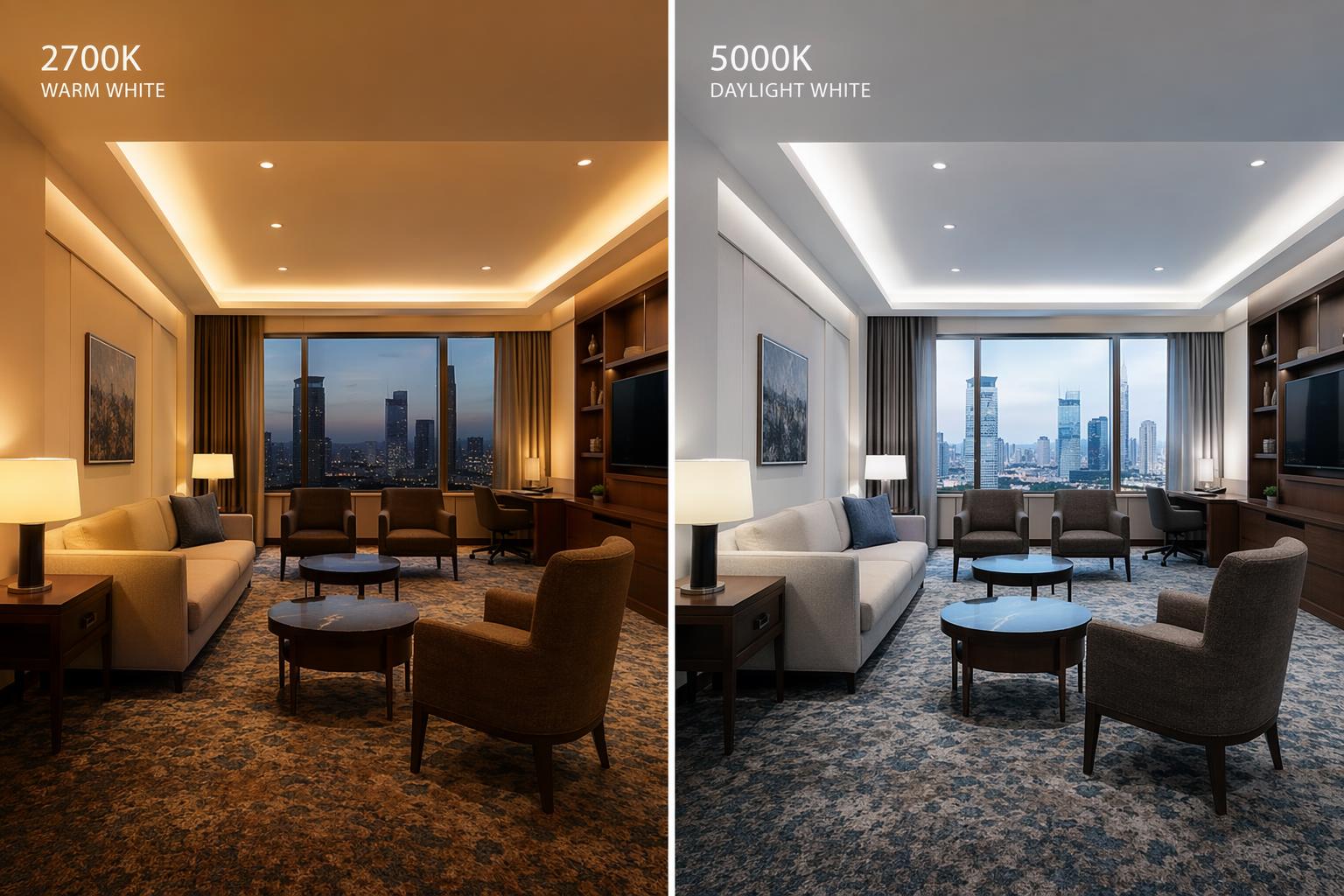Warm white and cool white tunable lighting comparison in hospitality interior