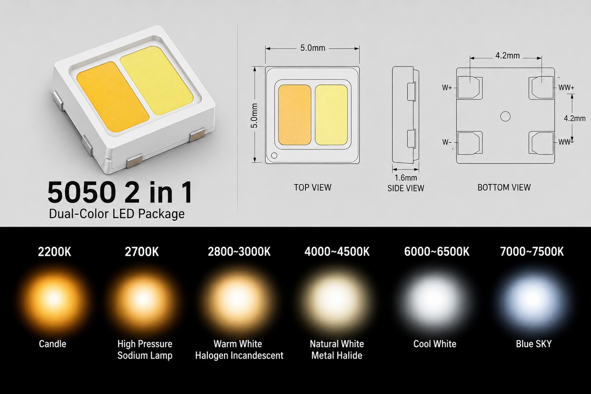 SMD 5050 dual-color 2-in-1 LED chip package for tunable white strip lights, supporting 2200K to 6500K color temperature range