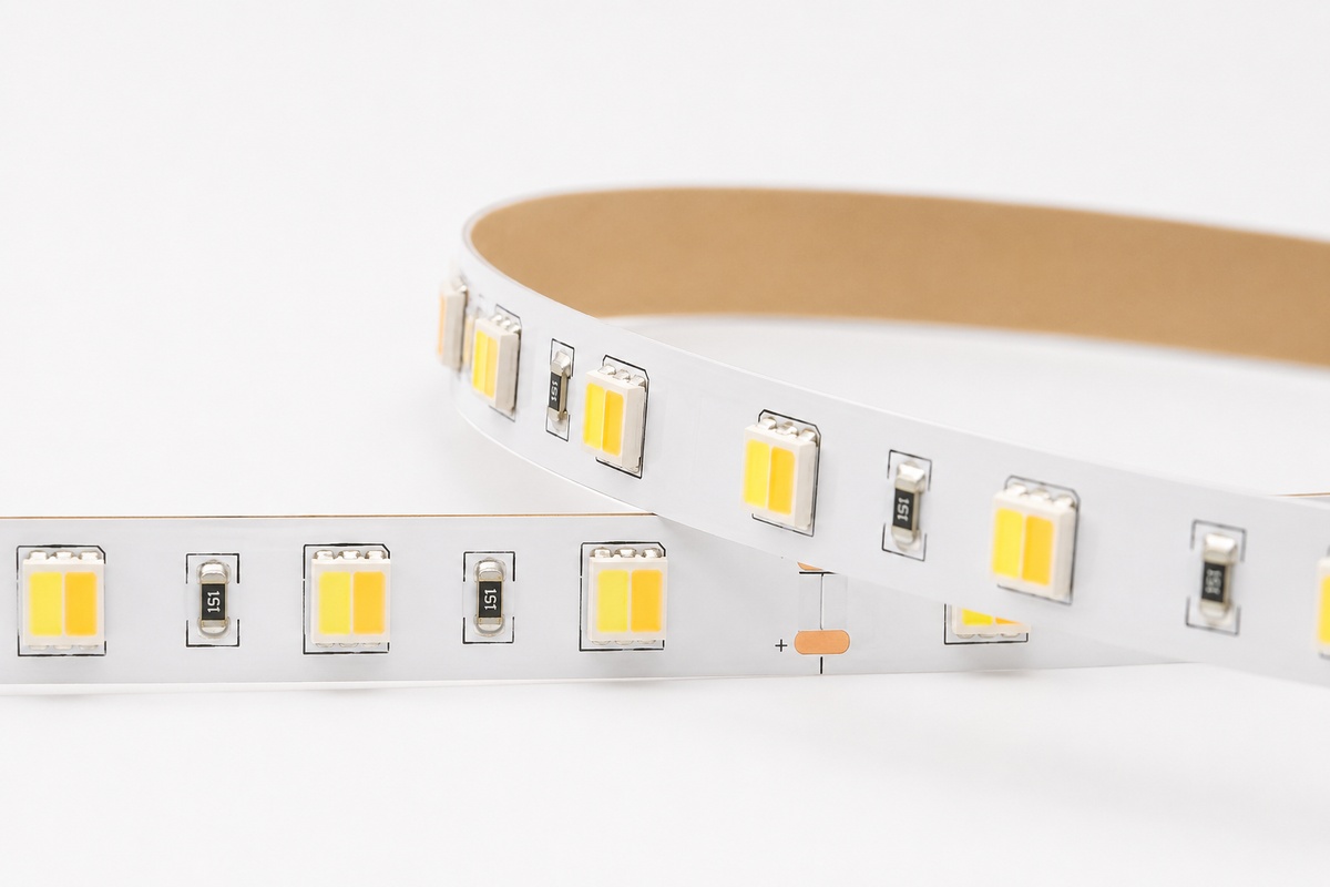 Close-up of tunable white LED strip showing dual-chip SMD LEDs with alternating warm white and cool white phosphor dies