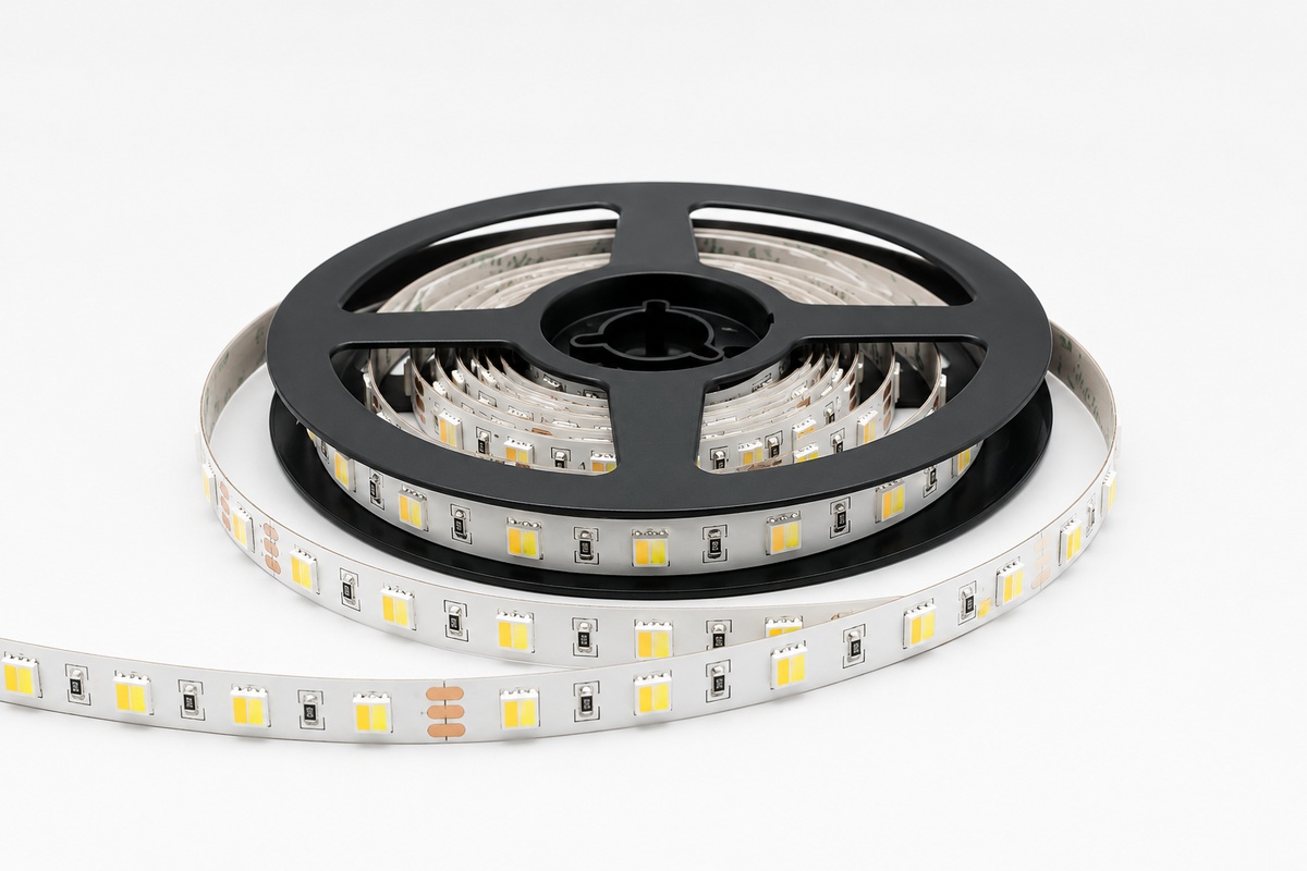 Tunable white SMD LED strip on black reel for adjustable CCT indoor lighting applications