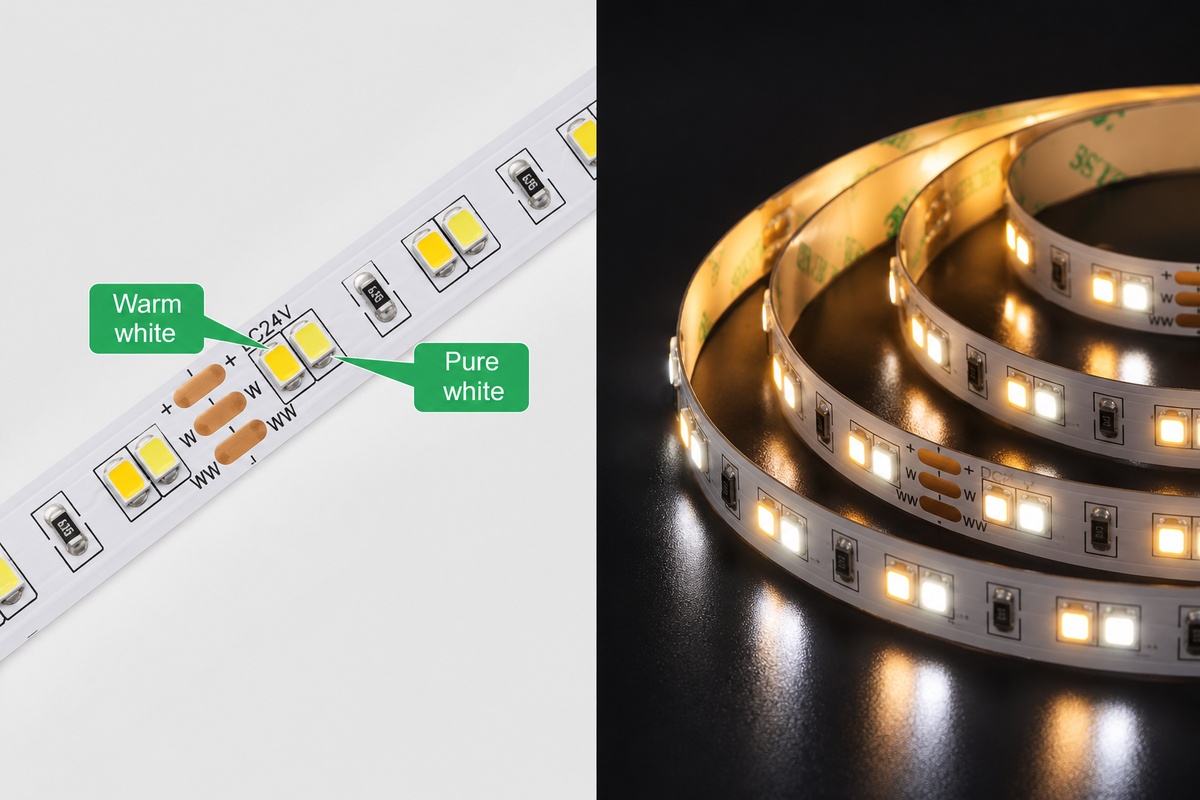 Tunable white LED strip with labeled warm white and pure white channels, demonstrating adjustable CCT control from 2700K to 6500K