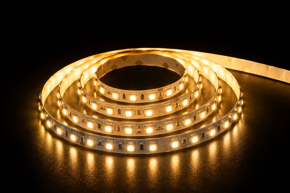 Warm white SMD LED strip coil glowing on dark background