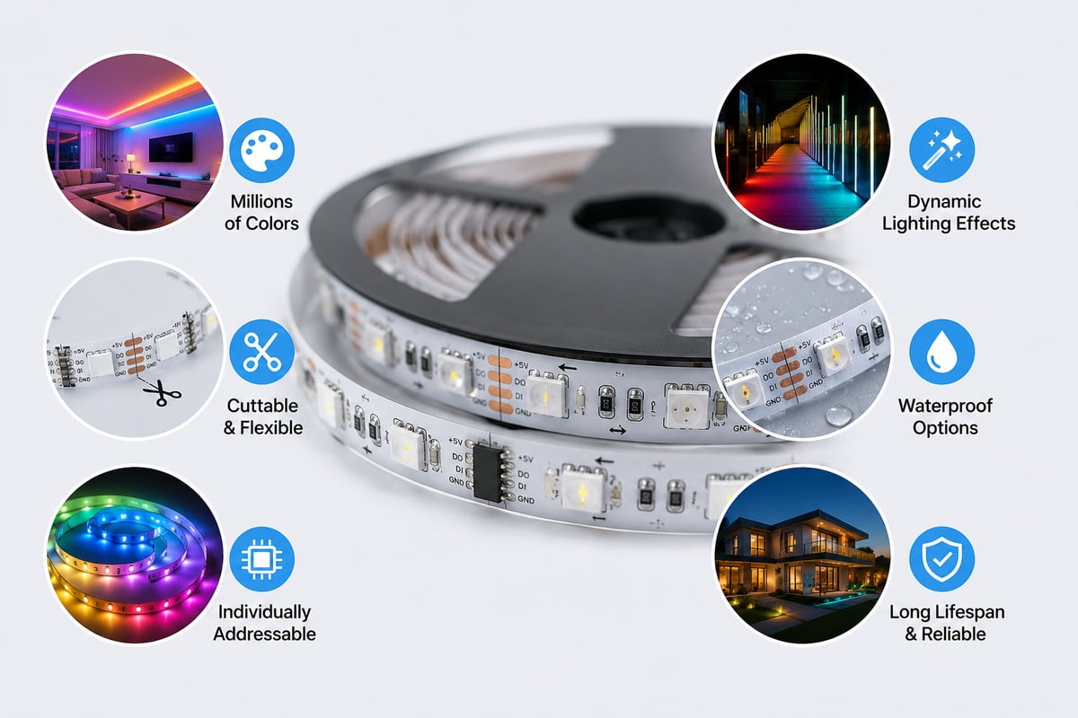 Addressable SMD LED strip infographic showing millions of colors dynamic lighting effects cuttable flexible design individual addressing waterproof options and long lifespan