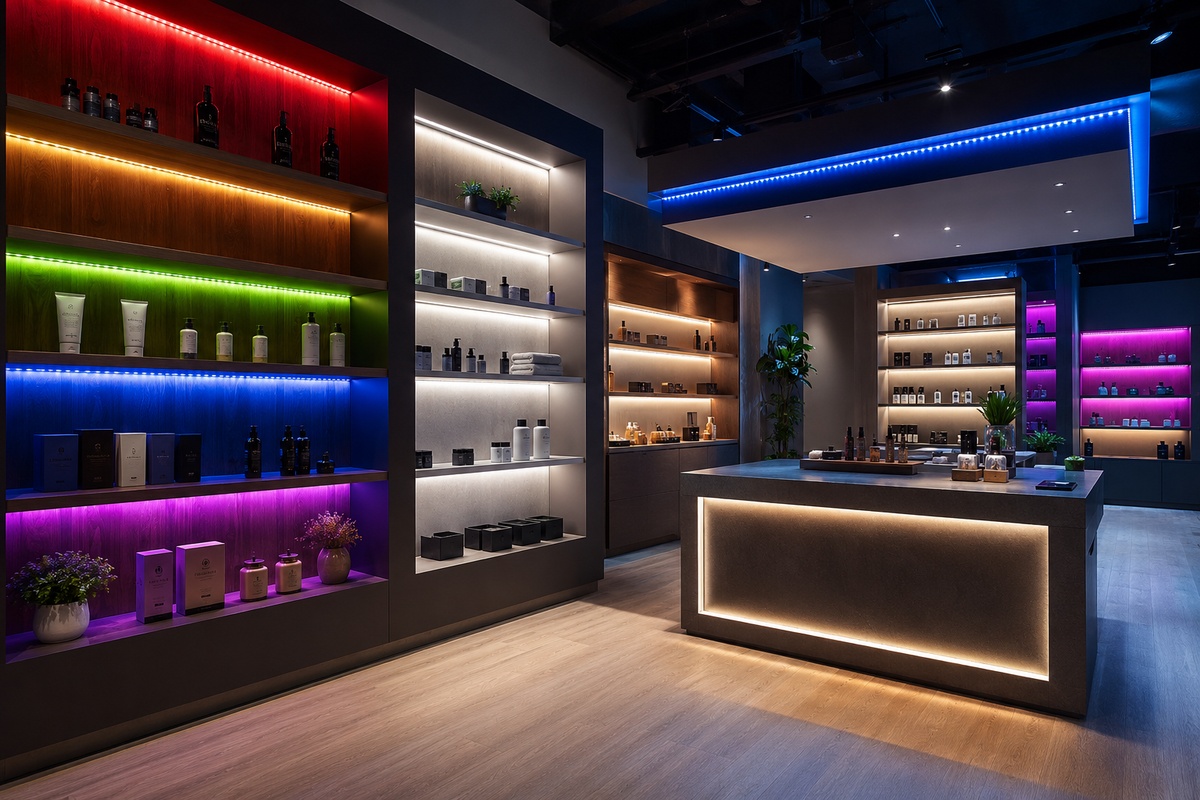 Retail interior using RGB and white LED strip lighting to create brand atmosphere shelf contrast and visual merchandising impact