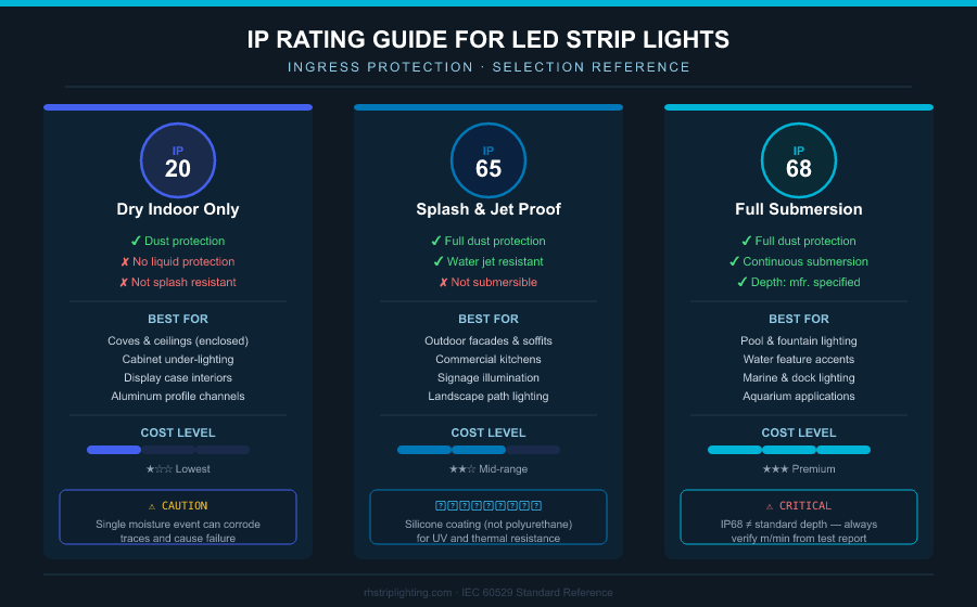 IP20 vs IP65 vs IP68 LED strip light comparison infographic showing protection levels, applications and cost
