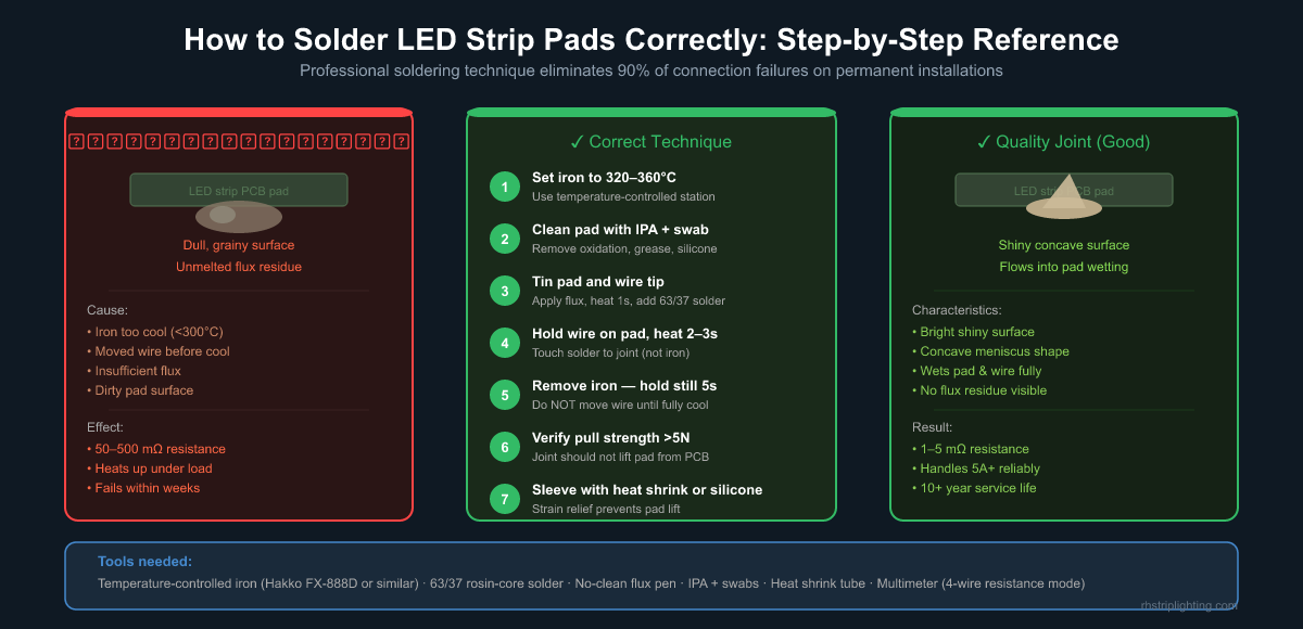 LED strip pad soldering technique and quality reference guide