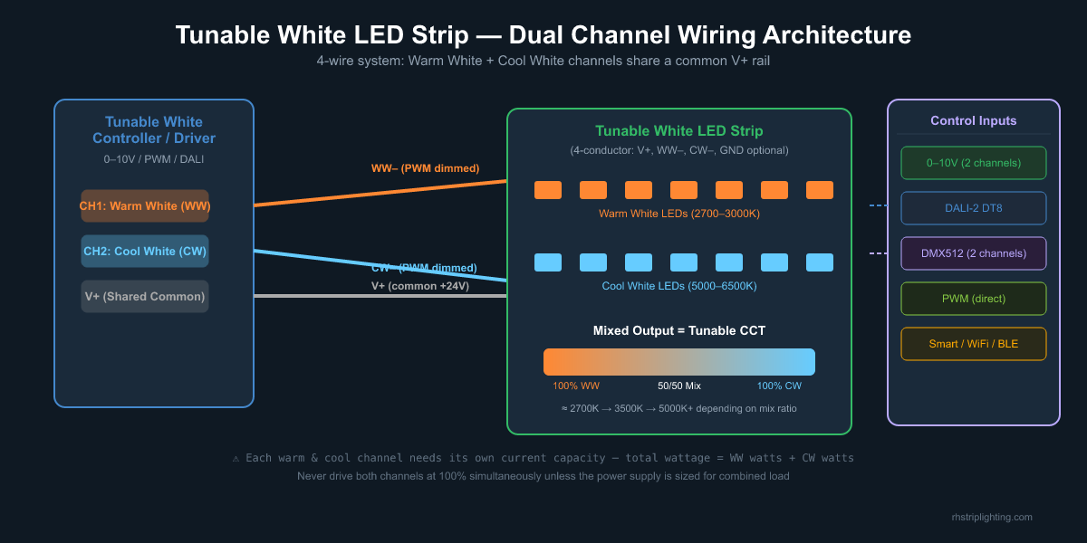 Tunable white LED strip 4-wire dual channel wiring diagram