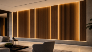 LED strip lighting integrated into acoustic wood slat wall panels in a premium interior