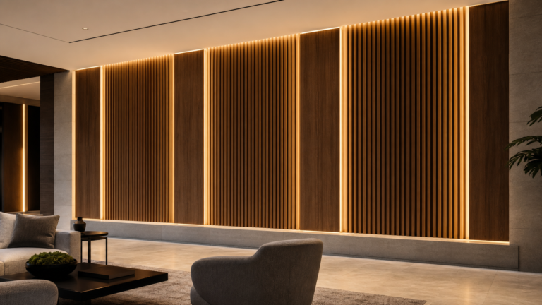 LED strip lighting integrated into acoustic wood slat wall panels in a premium interior