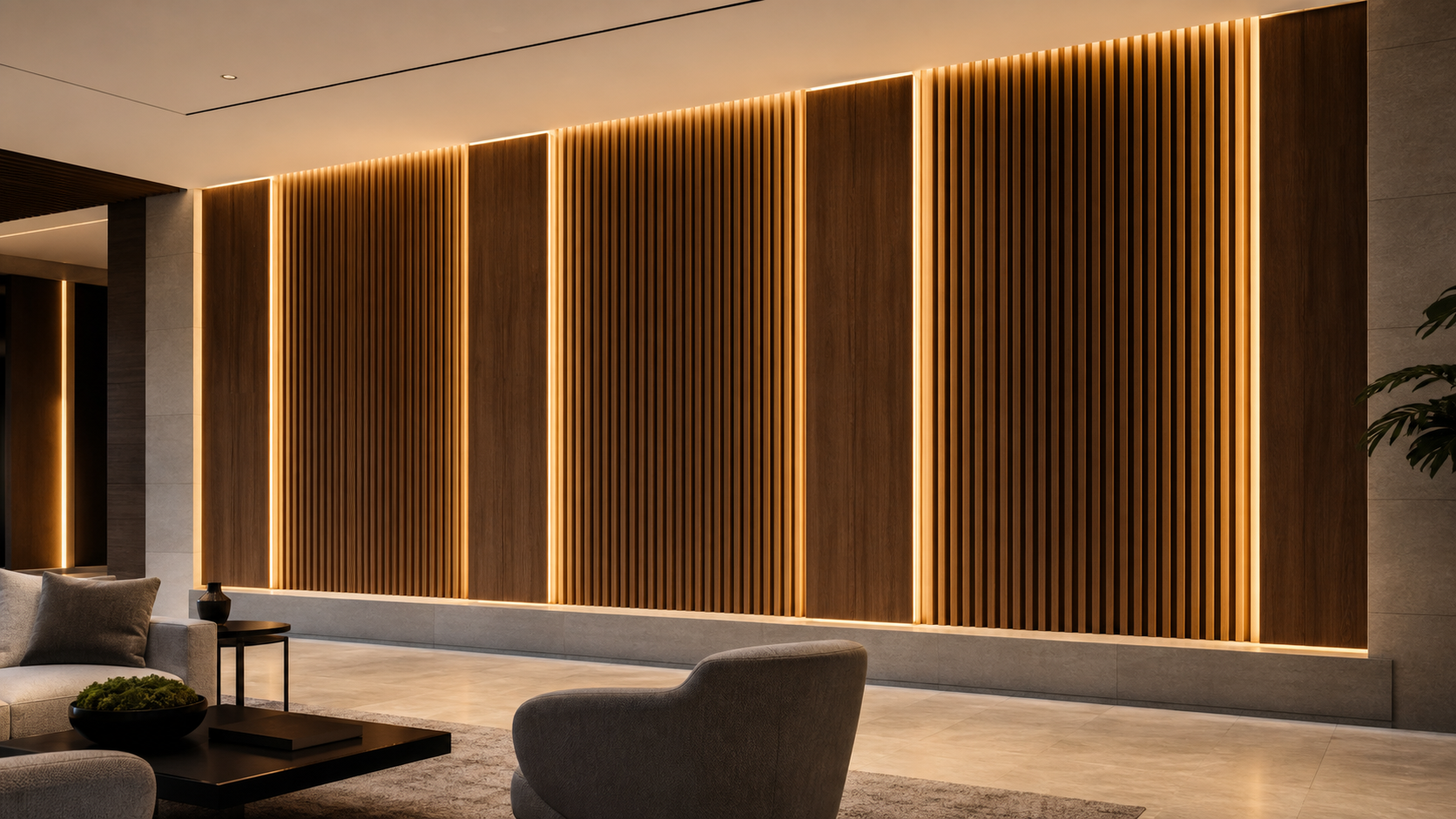 LED strip lighting integrated into acoustic wood slat wall panels in a premium interior
