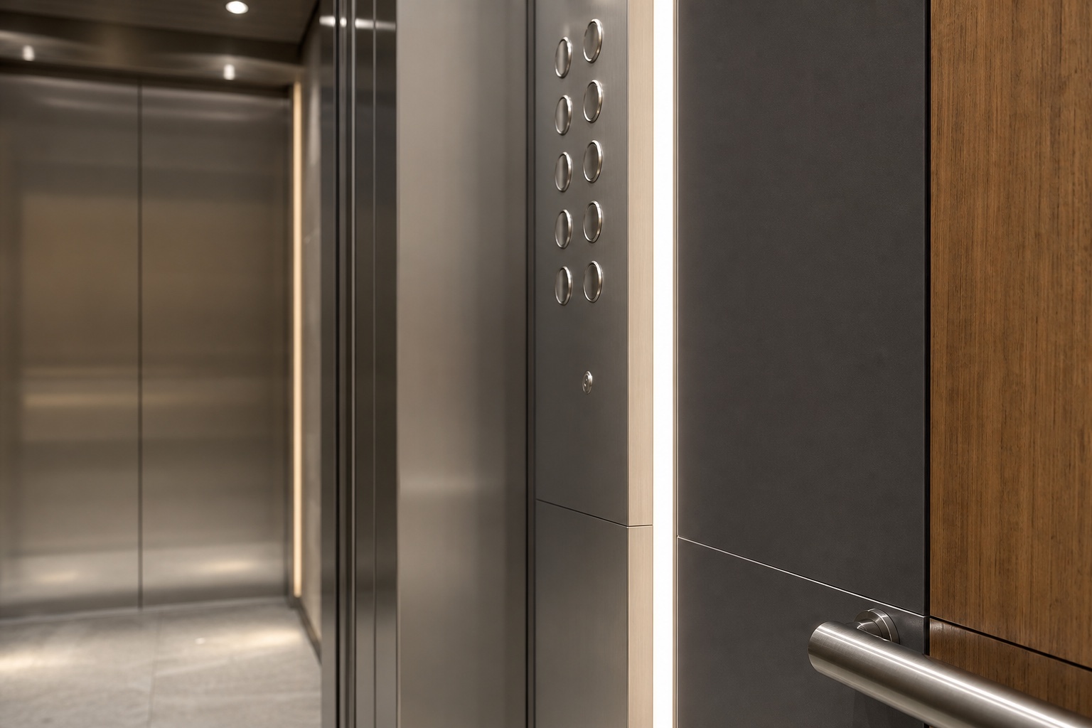 Vertical linear LED profile beside an elevator control panel