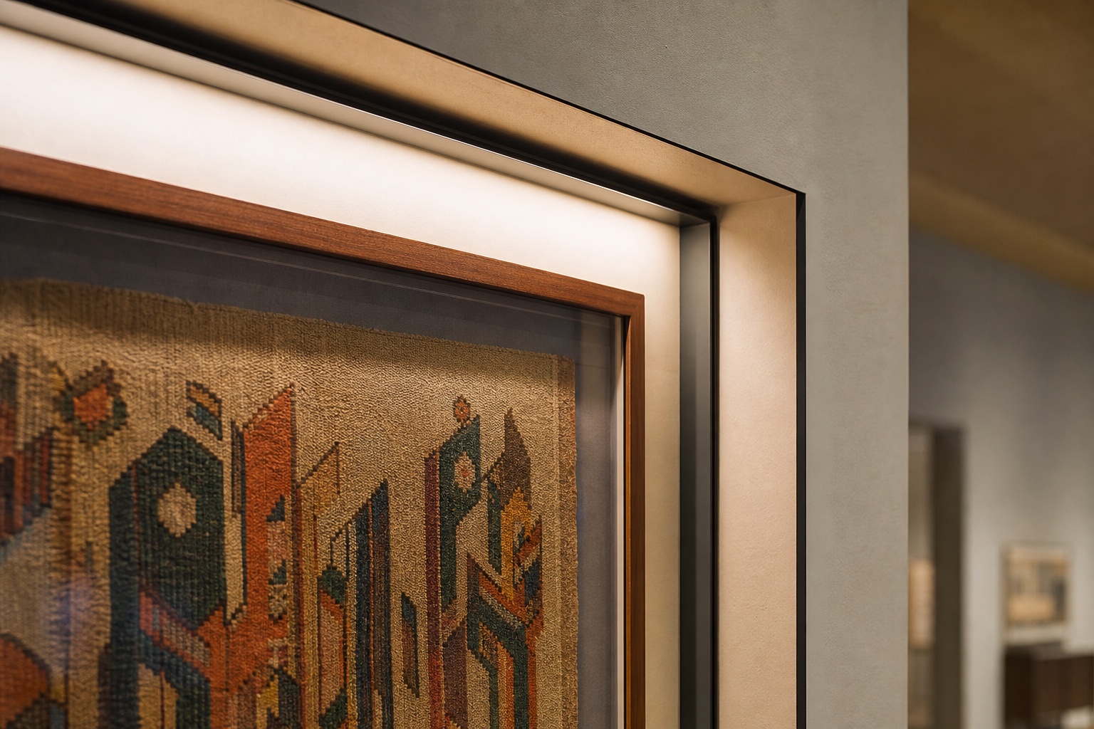 Concealed linear LED lighting above a framed gallery textile