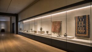 Concealed LED strip lighting in a museum glass display case