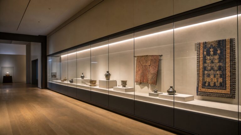 Concealed LED strip lighting in a museum glass display case