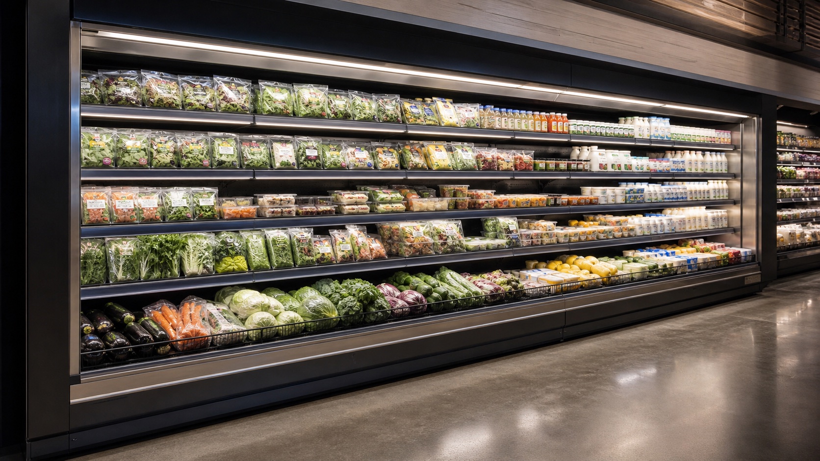 Shelf-integrated LED strip lighting in an open refrigerated multideck display