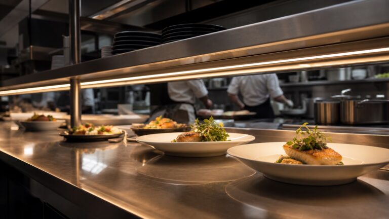 Concealed LED strip lighting above a commercial kitchen pass with plated food