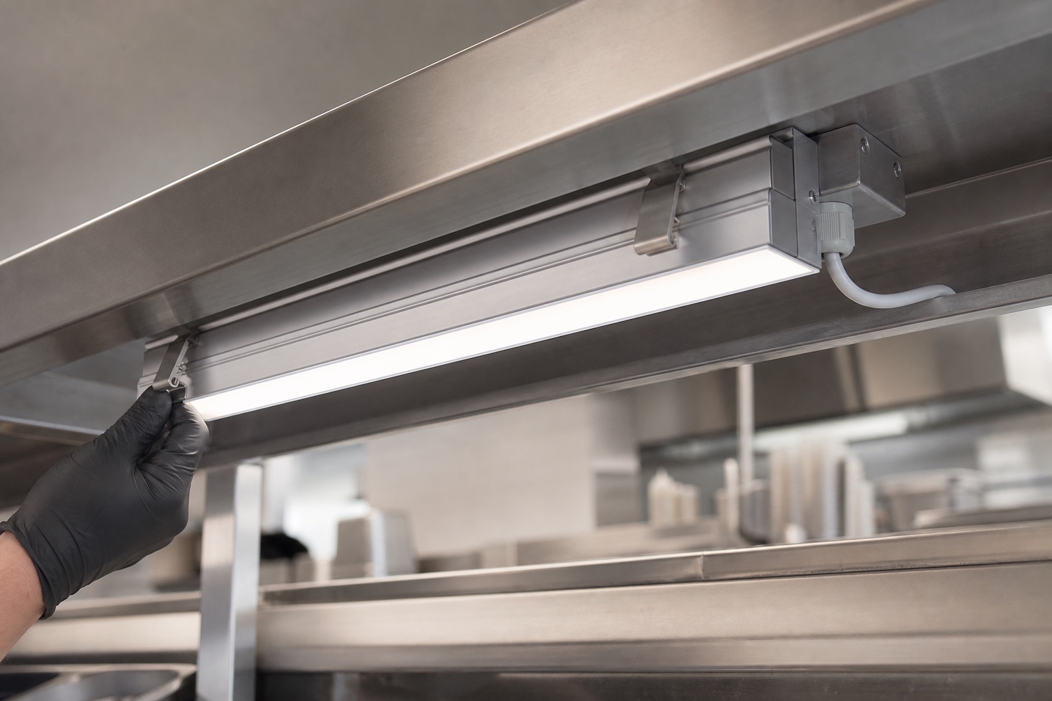 Serviceable removable LED profile under a stainless-steel commercial kitchen shelf