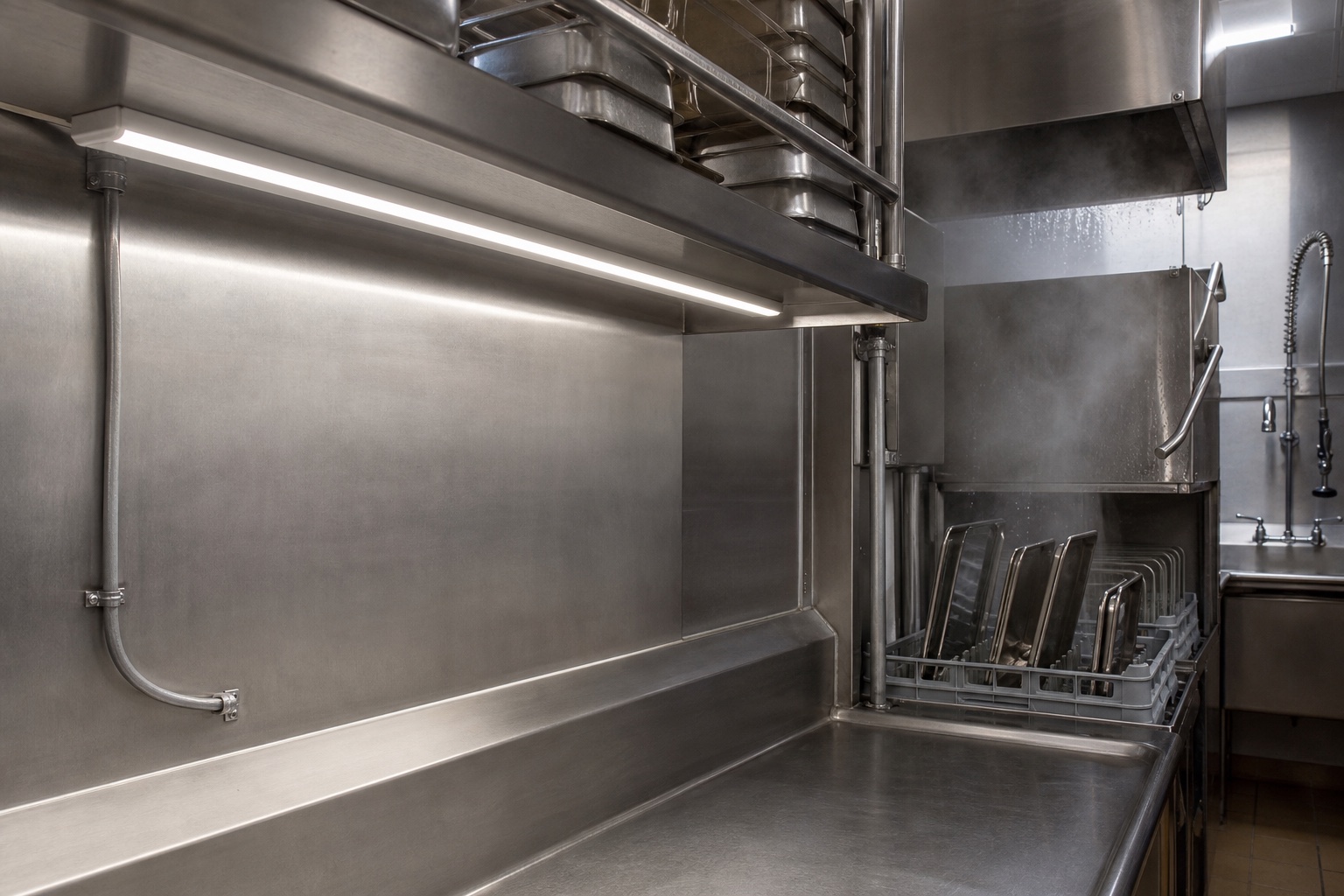 Sealed linear LED lighting outside the direct commercial kitchen steam and wash zone