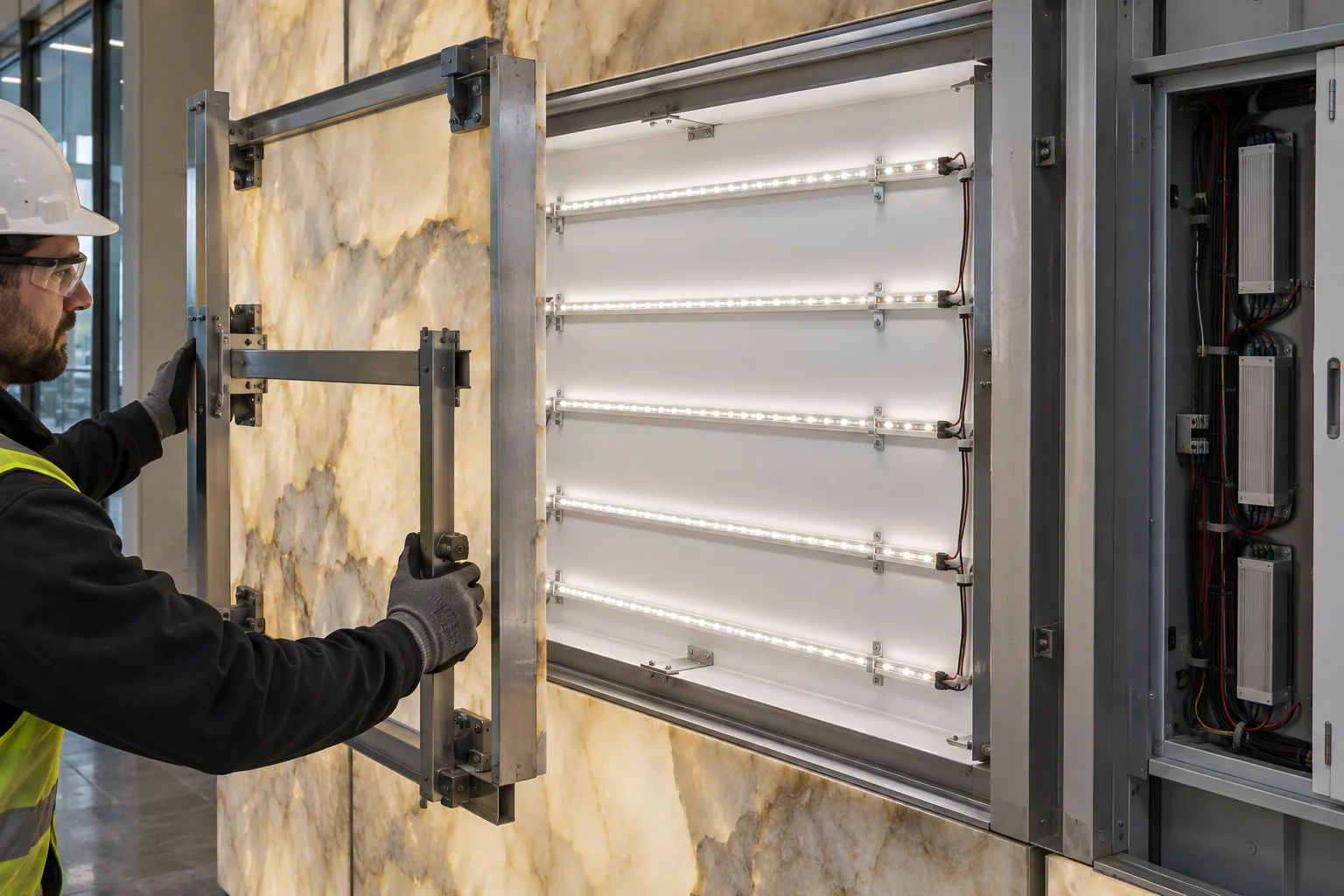 Concept visualization of modular LED rails and service access behind a translucent panel