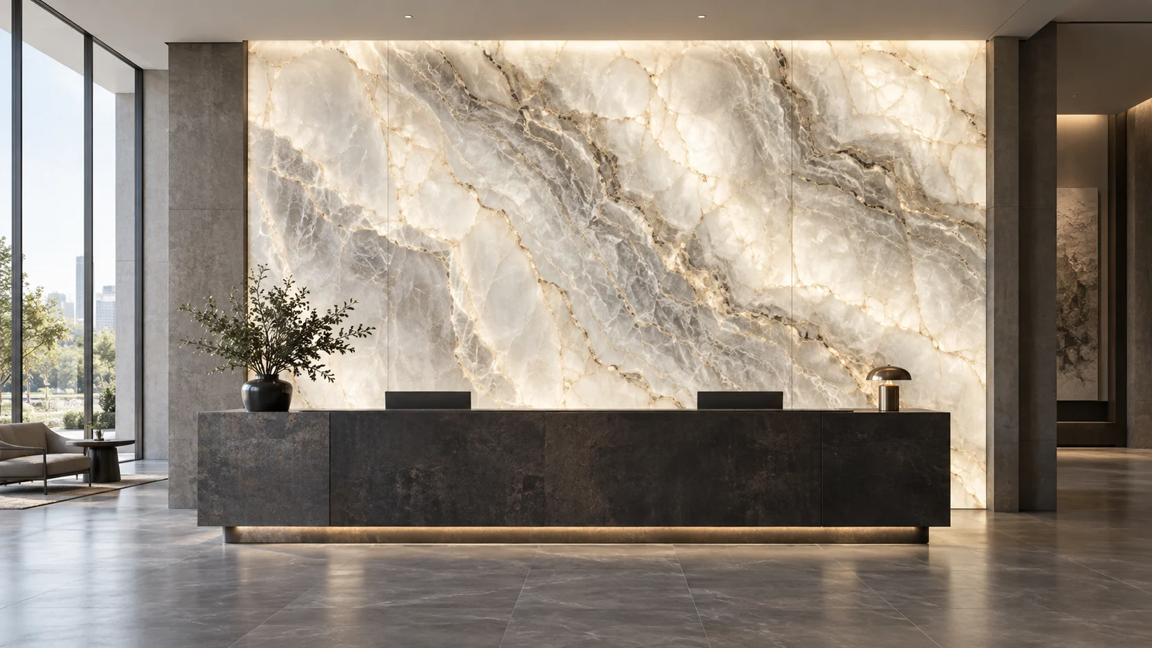 Concept visualization of a translucent stone reception wall with even LED backlighting