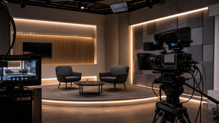 Broadcast interview studio with concealed LED strip lighting integrated into the set