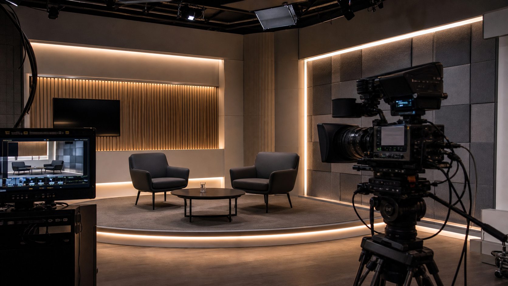 Broadcast interview studio with concealed LED strip lighting integrated into the set