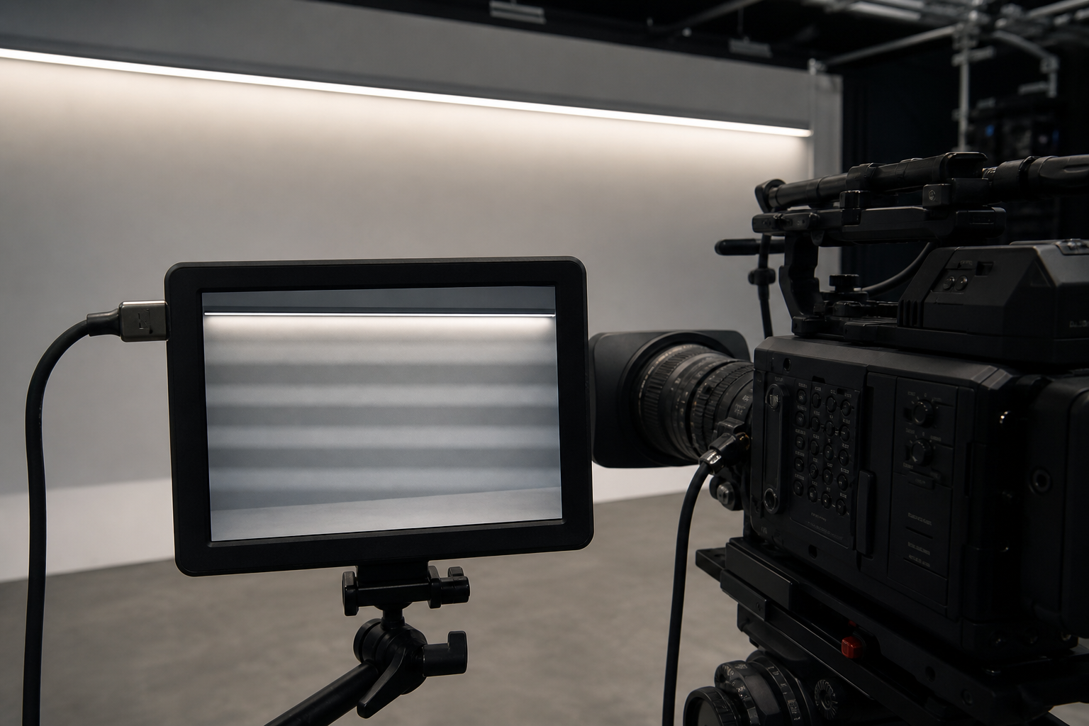 Production camera monitor showing horizontal banding from LED temporal modulation