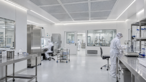 Pharmaceutical cleanroom laboratory with integrated linear LED strip lighting