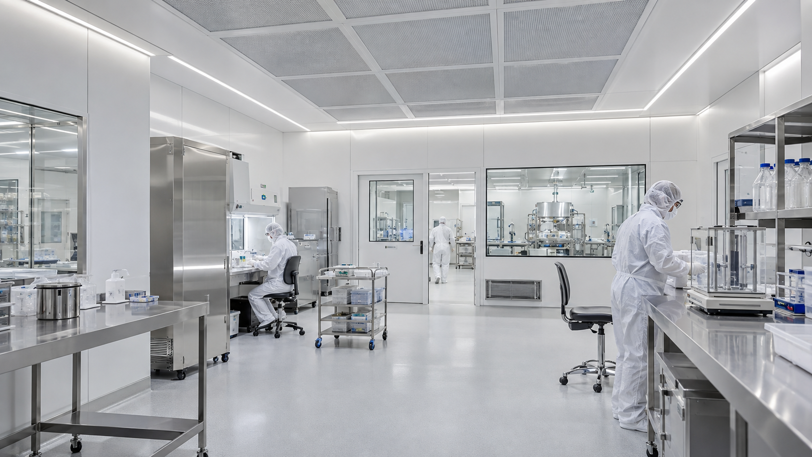 Pharmaceutical cleanroom laboratory with integrated linear LED strip lighting