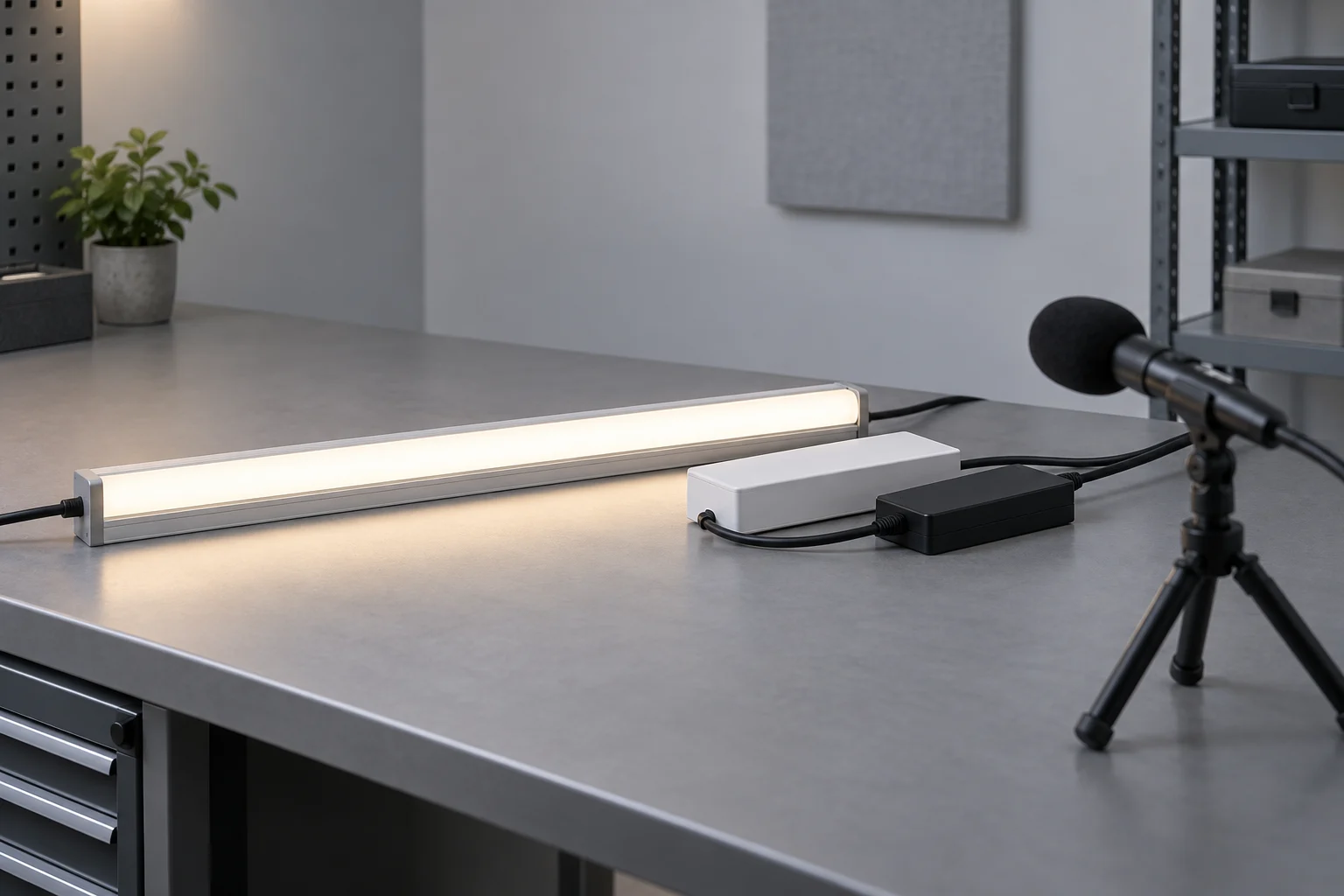 Conceptual enclosed LED power and control assembly beside a lighting profile and measurement microphone