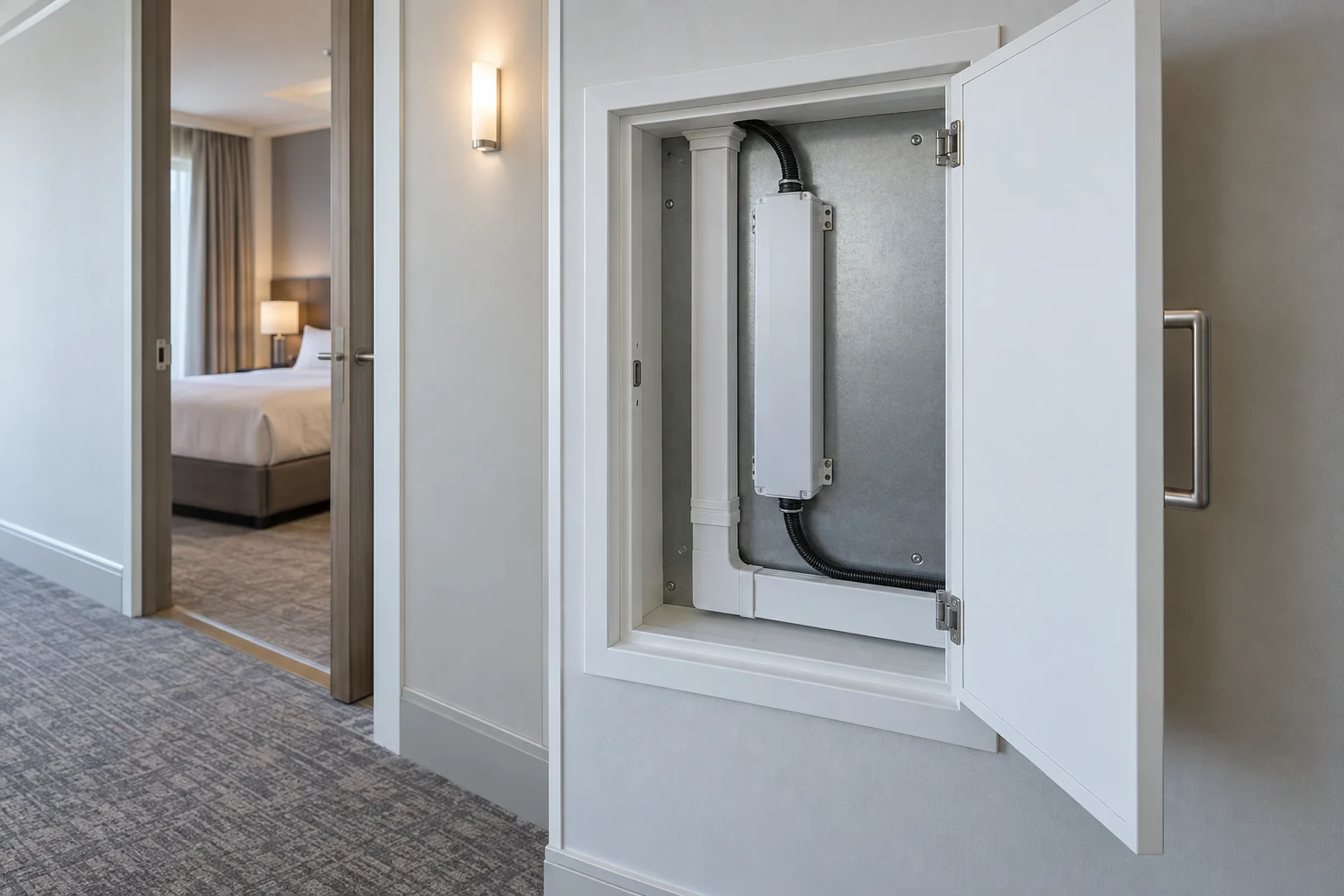 Concept of enclosed lighting power equipment in an accessible service cupboard outside a bedroom