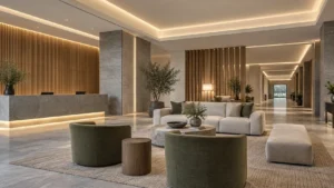 Concept of a commercial lobby with separate ceiling cove, reception desk, and corridor lighting zones