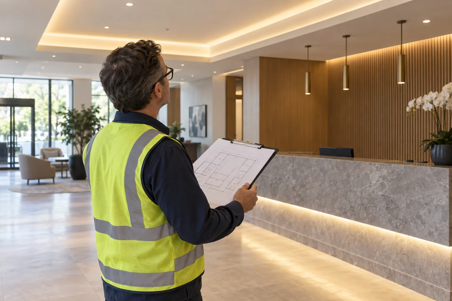 Concept of an engineer checking separate lobby lighting zones against a floor plan