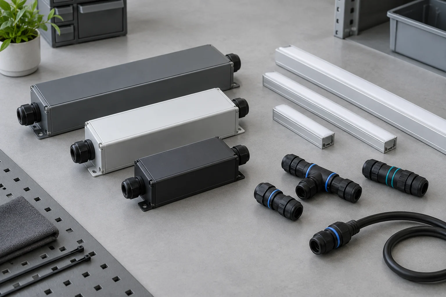 Concept of disconnected enclosed driver modules and covered LED profiles on an evaluation bench