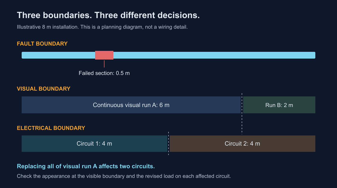 Diagram showing how a failed segment, continuous visual run and electrical circuit define different replacement boundaries
