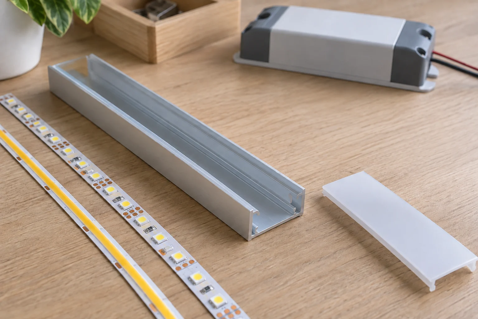 COB and SMD LED tape samples beside an aluminum profile, diffuser and enclosed driver