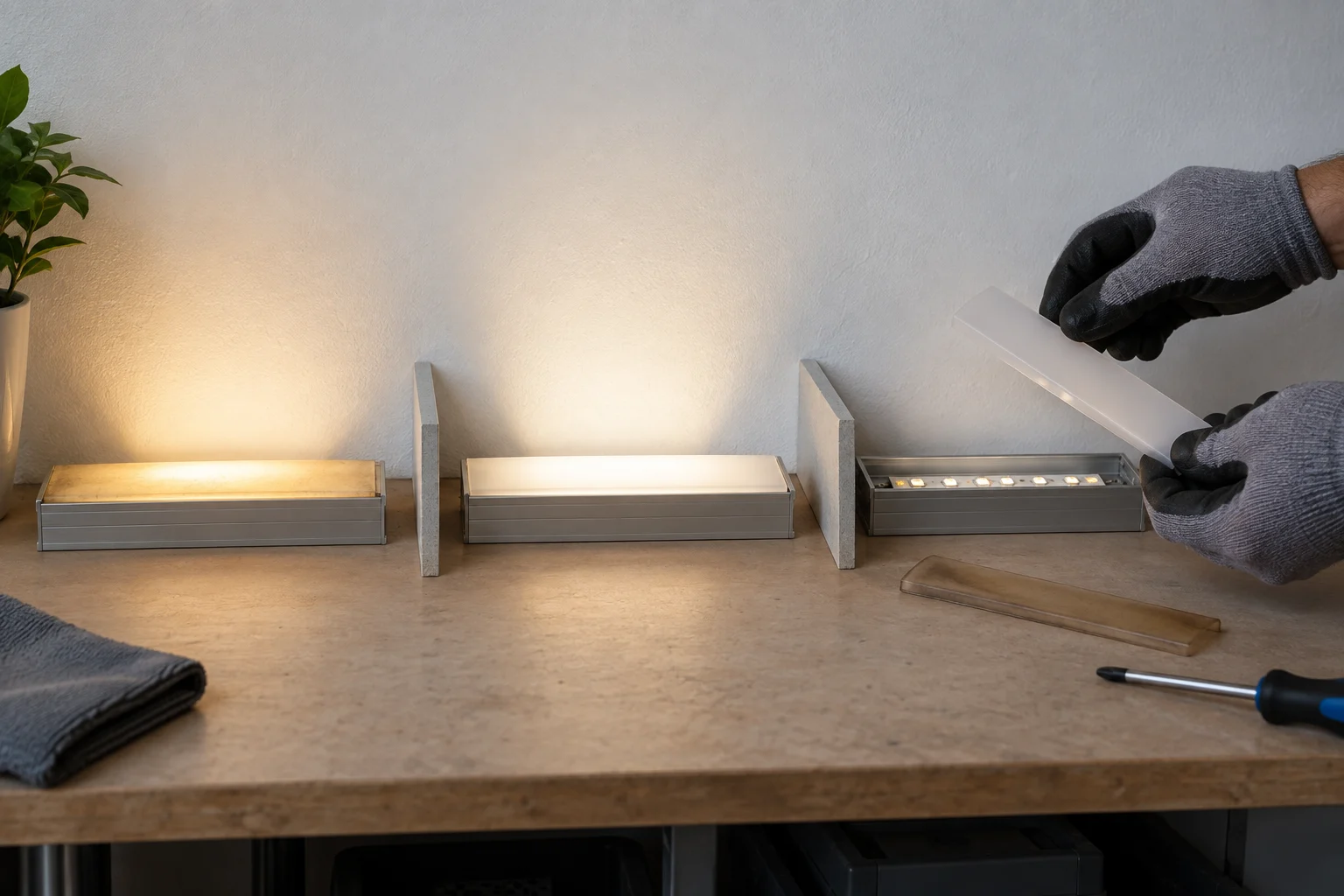 Conceptual comparison of aged and fresh diffuser covers in LED profile samples