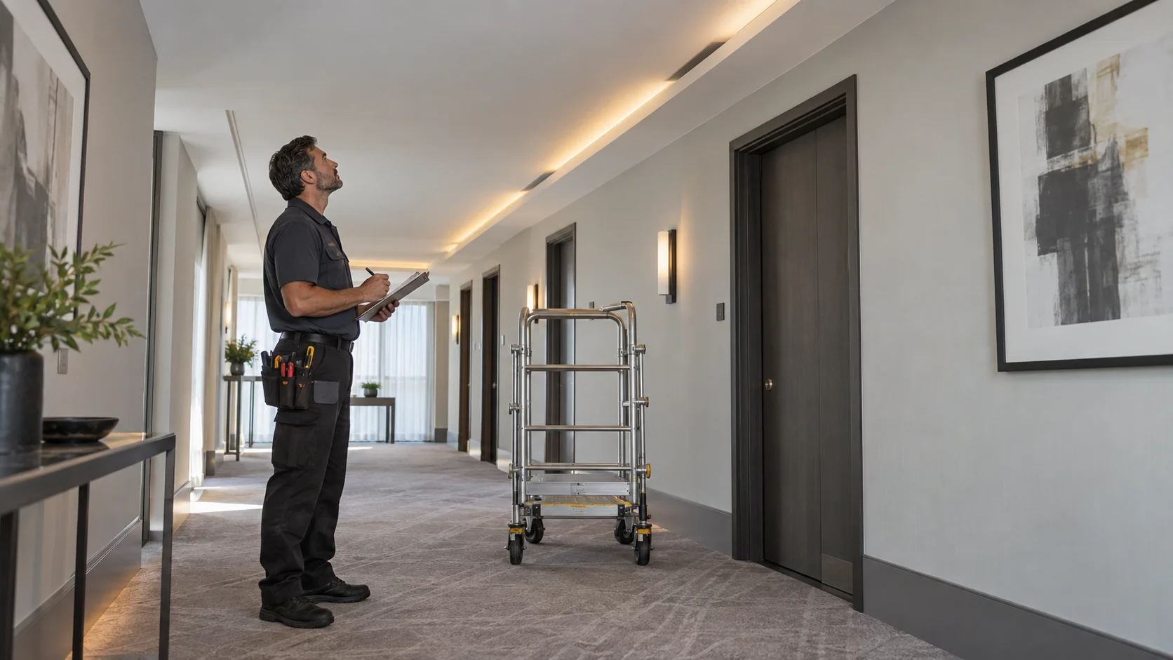 Concept of a technician surveying a failed section of hotel corridor cove lighting