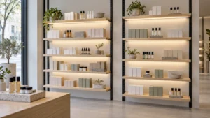 Concept of two adjustable retail shelving bays with concealed linear lighting and different shelf heights