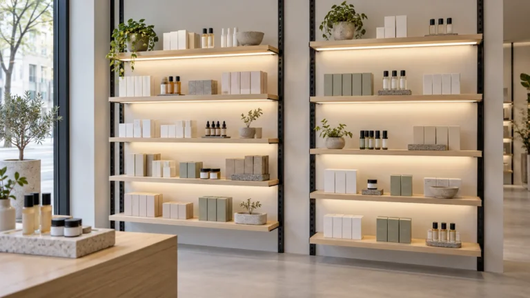 Concept of two adjustable retail shelving bays with concealed linear lighting and different shelf heights