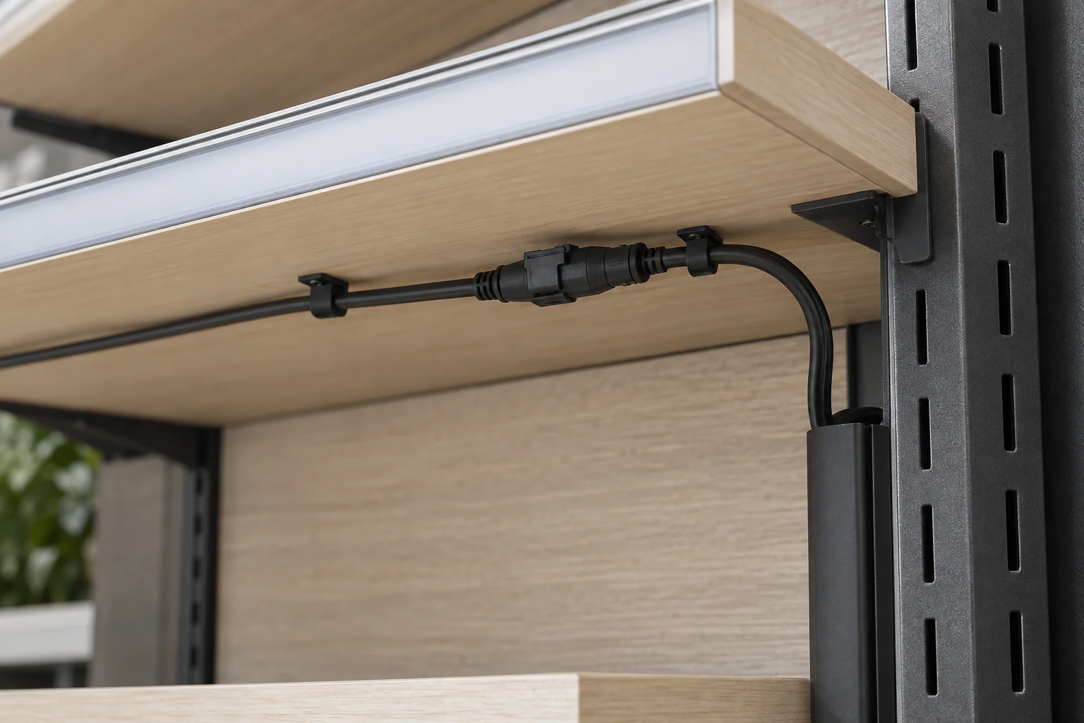 Concept of a latched shelf-light connector with cable clips and a service loop beside an adjustable upright