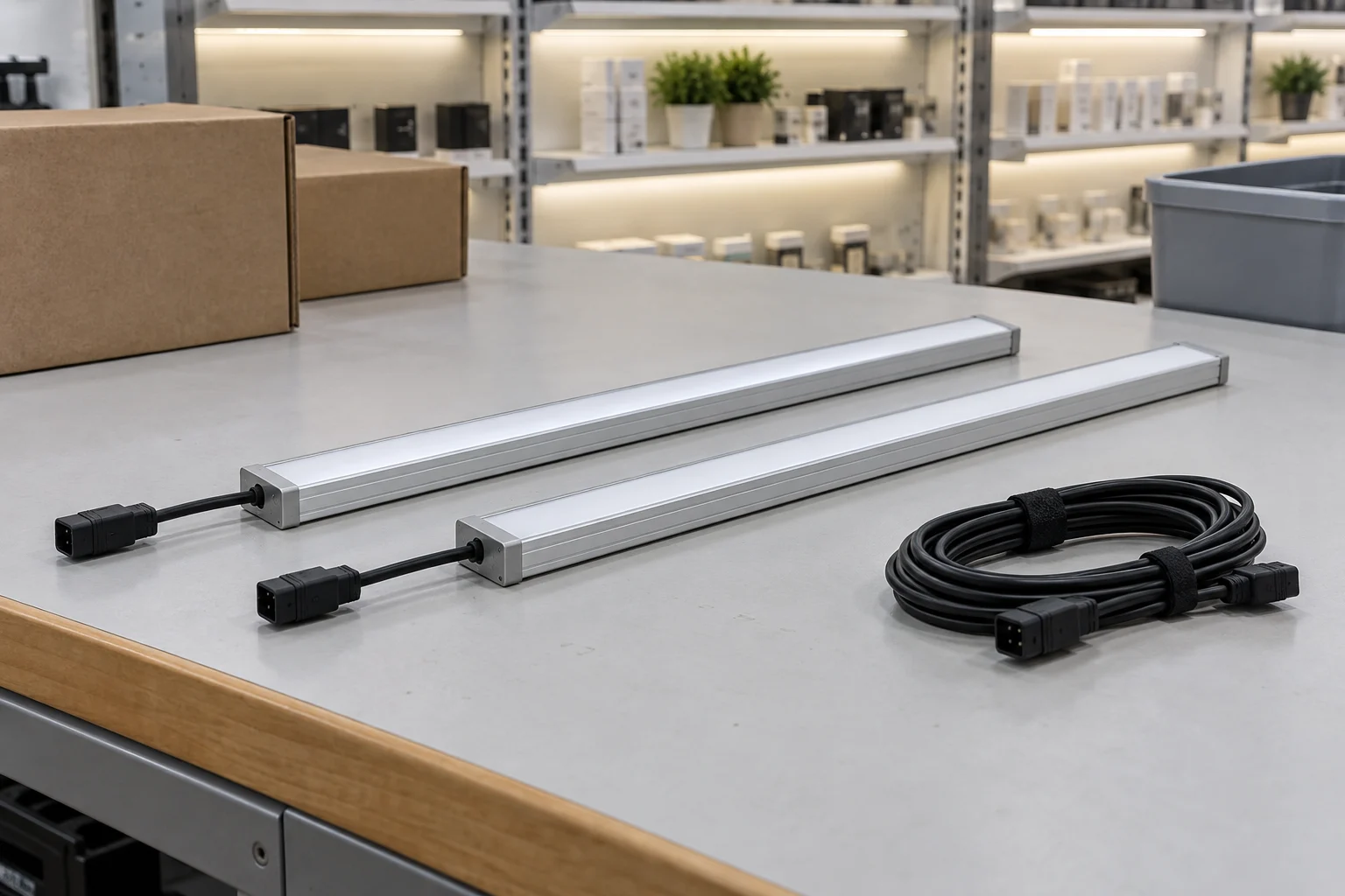 Concept of two disconnected shelf-light modules and a spare harness on a service bench