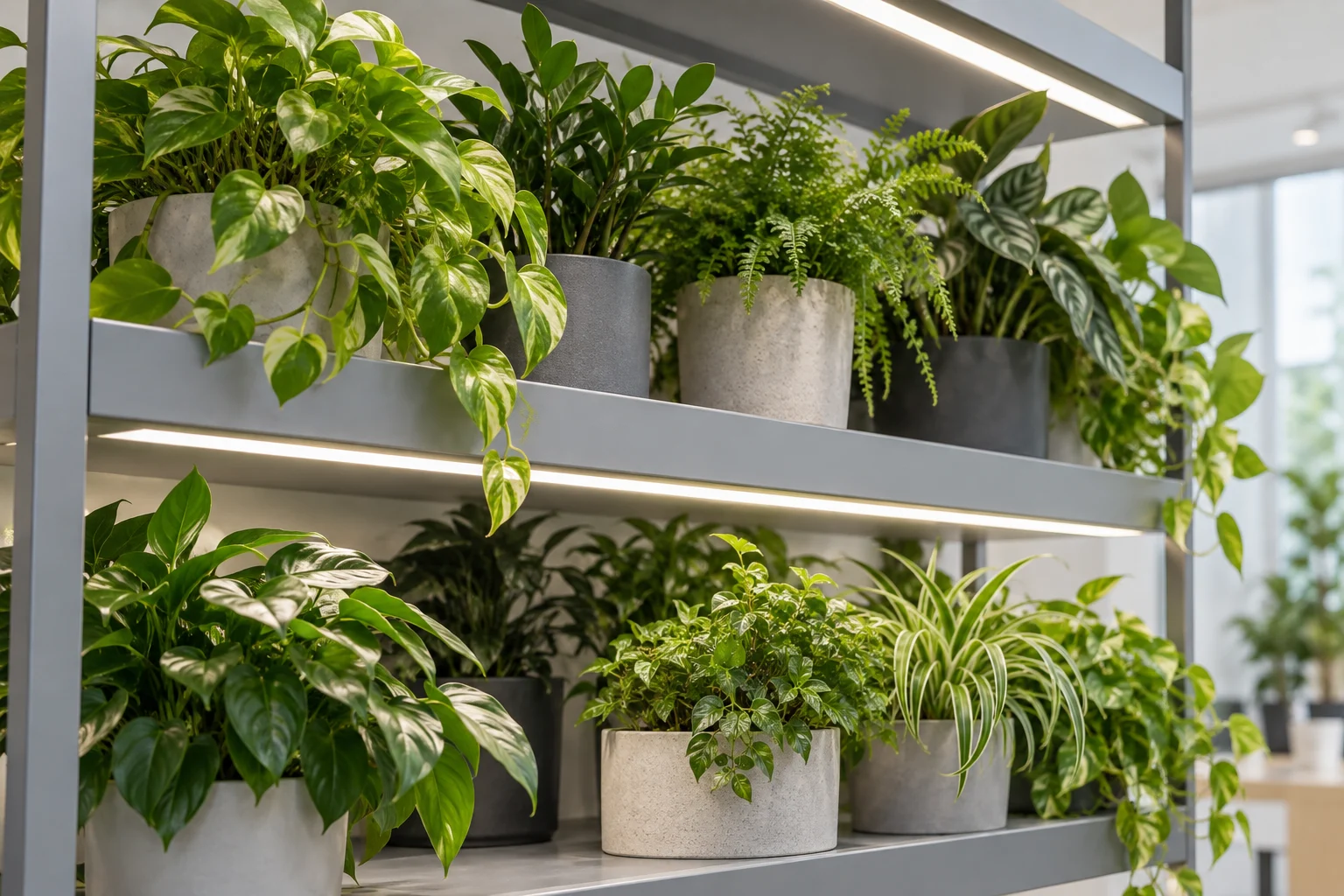Concept of illuminated plant shelves with foreground leaves and shaded rear foliage