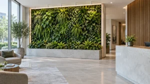 Concept of a hotel living wall with separate perimeter accent lighting and wall-directed luminaires