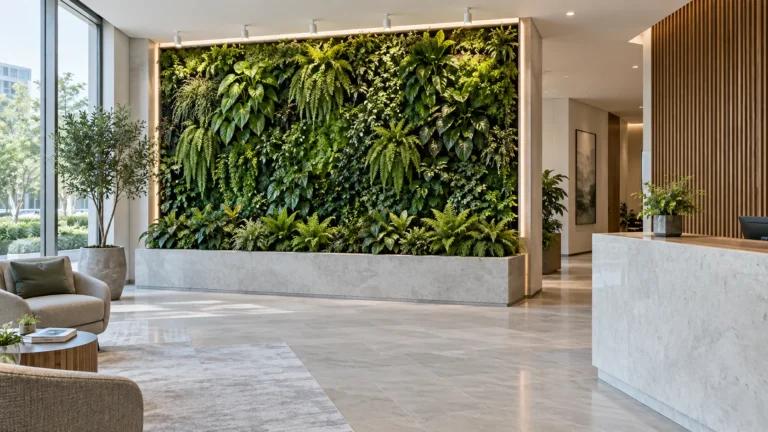 Concept of a hotel living wall with separate perimeter accent lighting and wall-directed luminaires